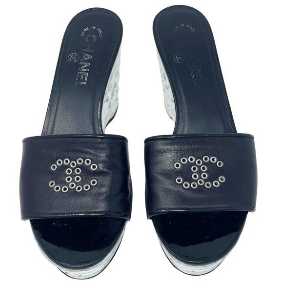 Chanel Shoes Flat Heels CC Logo Black Leather Silver Metallic Platform Wedge 37 - Picture 2 of 11